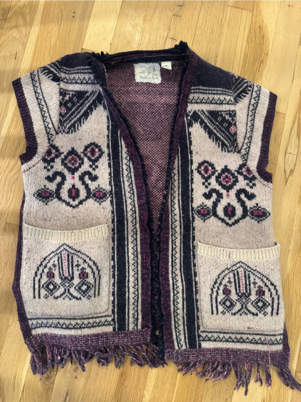 Anthropologie Mauve and Black Open-Front Sweater Vest with Fringe
